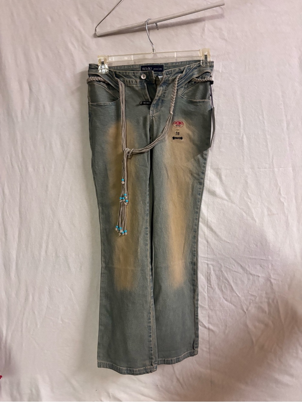 Revolt Jeans Co Y2K Faded Stretch Jeans Rope Belt Beaded Size 7/8